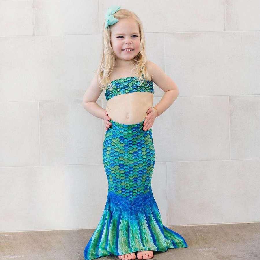 Mermaid Tails Fin Fun Mermaidens | Aussie Green Toddler Tail, Bandeau Top, And Water Shoes Bundle