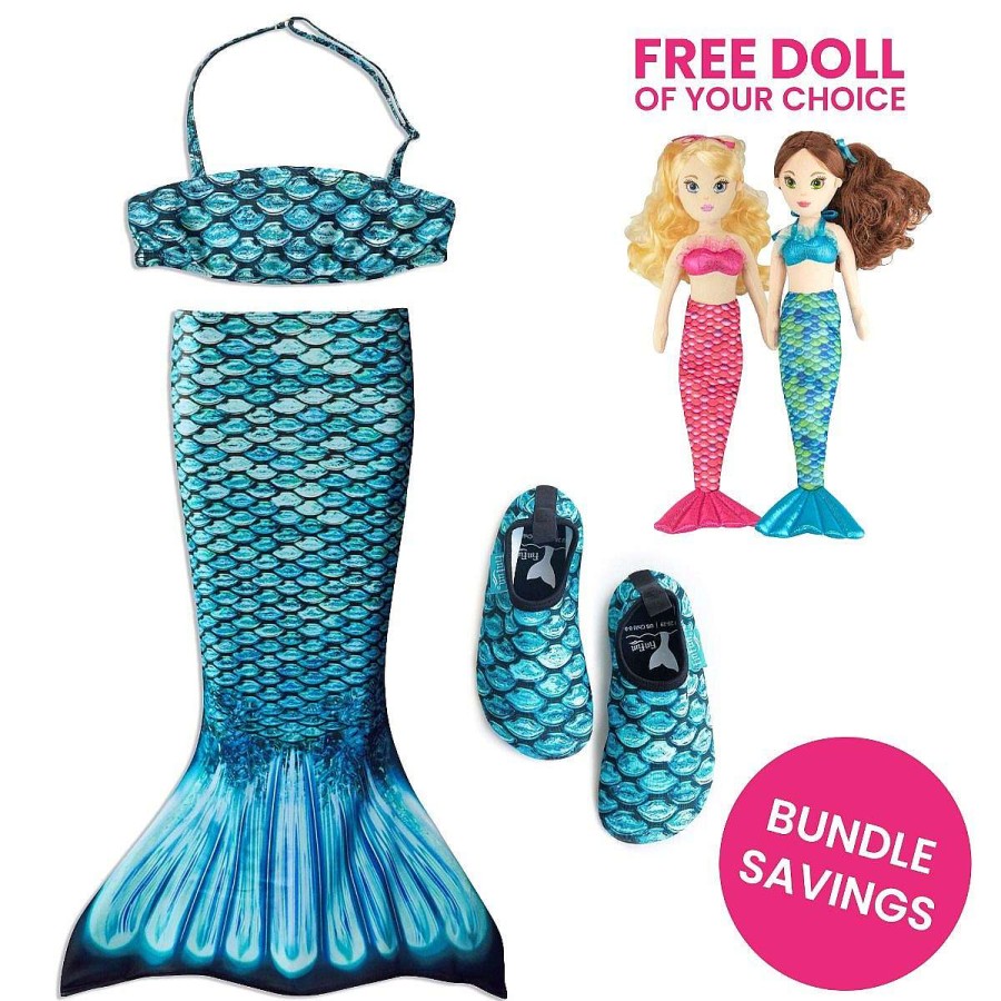 Mermaid Tails Fin Fun Mermaidens | Tidal Teal Toddler Tail, Bandeau Top, And Water Shoes Bundle